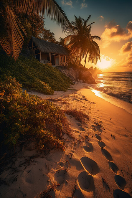 A captivating and tranquil photograph of an off-grid beach paradise, where pristine white sands meet the crystal-clear turquoise waters of a remote, unspoiled shoreline. The scene is bathed in the warm glow of the setting sun, casting a golden light on the swaying palm trees and gently lapping waves. The composition is expertly framed to invite the viewer to imagine themselves stepping into this off-grid beach paradise, evoking a sense of serenity, freedom, and connection to the natural world.