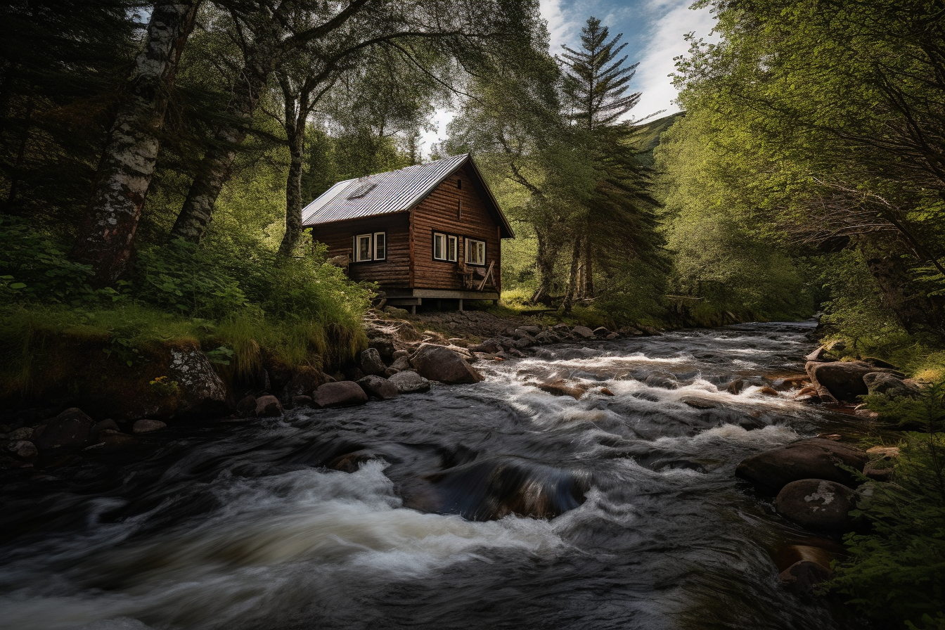 A picturesque off-grid cabin nestled beside a gently flowing river, harnessing the power of hydro energy to provide sustainable electricity for its inhabitants. The composition features the charming cabin, constructed from rustic, locally sourced timber, surrounded by a pristine wilderness of towering trees and lush vegetation. The hydro energy system is discreetly integrated into the landscape, with a small turbine submerged in the river, generating clean, renewable power for the cabin's needs. This inspiring image embodies the harmonious fusion of sustainable living and unspoiled nature, inviting viewers to consider the possibilities of embracing eco-friendly technologies in their own lives. The scene transports the viewer to a tranquil, self-sufficient haven, where the beauty of the natural world meets modern ingenuity and innovation.