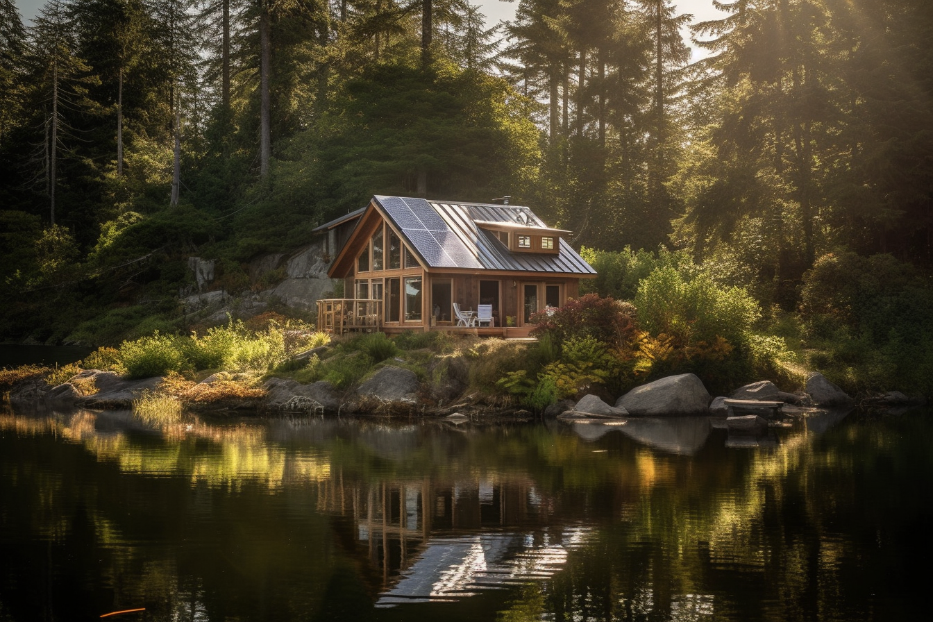 A captivating and idyllic photograph of a charming cabin situated by the tranquil waters of a picturesque lake, featuring state-of-the-art solar panels that supply eco-friendly energy for off-grid living. The quaint wooden cabin harmoniously blends with the surrounding landscape, embodying the perfect balance between modern technology and the pristine beauty of nature. The composition is skillfully framed to showcase the solar panels and their seamless integration with the cabin's architecture while emphasizing the breathtaking lake and lush greenery in the background. The soft, natural light casts a gentle, inviting glow over the scene, further highlighting the sustainable lifestyle.