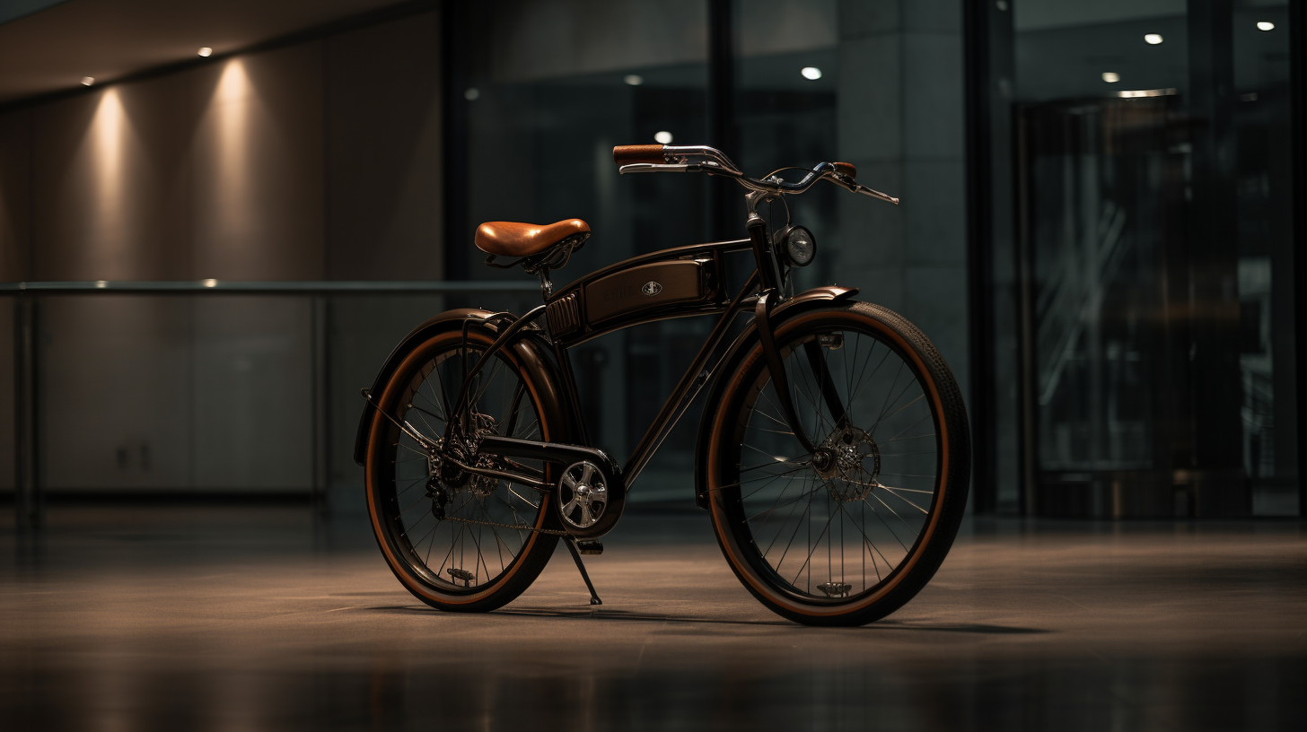 An engaging and stylish photograph of an electricity bike, demonstrating its elegant design and state-of-the-art technology. The image showcases the bike's smooth frame, efficient electric motor, and user-friendly features that make it a popular choice for environmentally-conscious urban commuters. The composition is thoughtfully arranged, with the electricity bicycle placed against a vibrant cityscape that highlights its eco-friendly appeal and suitability for urban environments. The scene is bathed in natural sunlight, creating striking shadows and highlights that underscore the bike's contemporary design and aesthetic appeal.